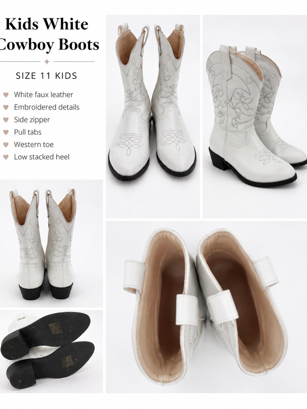 Kids White Western Cowboy Boots Embroidered Side Zip Boots Size 11